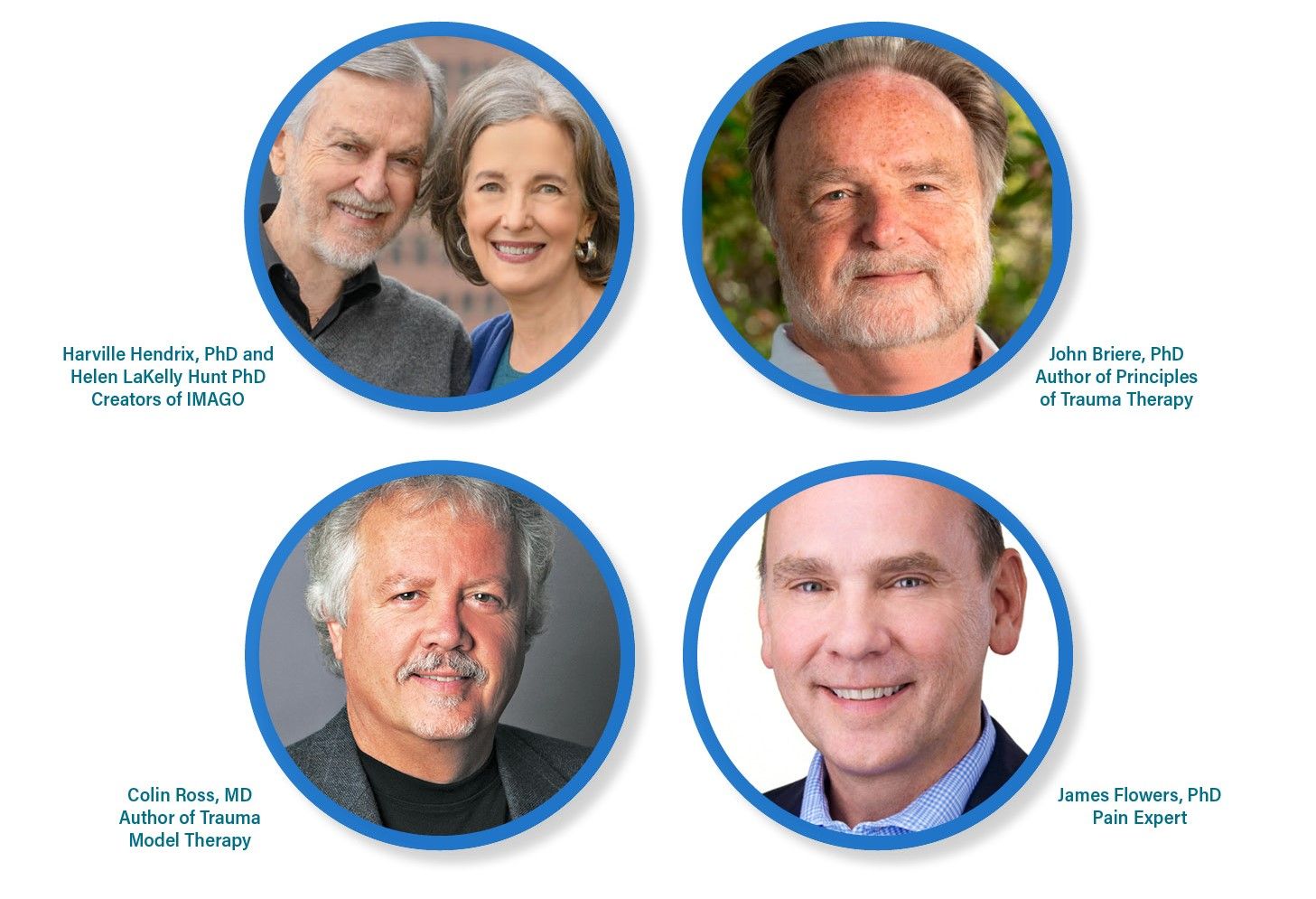 Harville Hendrix, PhD and Helen LaKelly Hunt PhD, Creators of IMAGO; John Briere PhD, Author of Principles of Trauma Therapy; Colin Ross MD, Author of Trauma Model Therapy; James Flowers PhD, Pain Expert