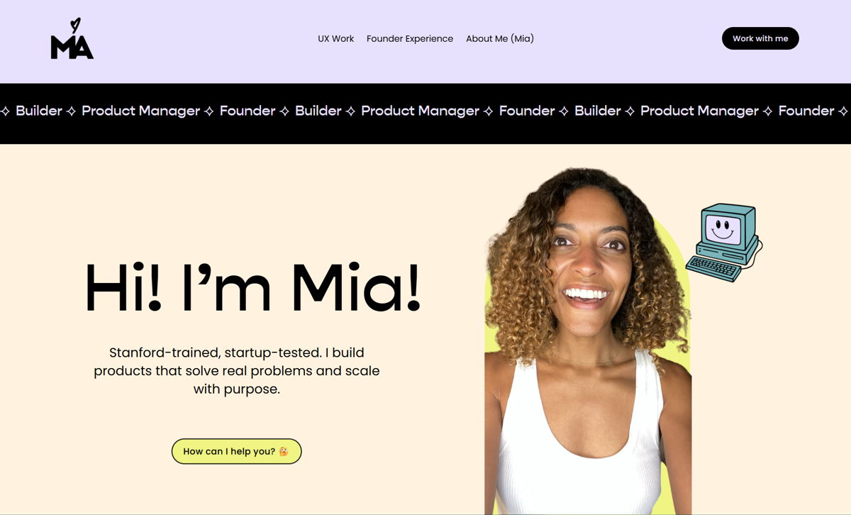 Screenshot of Mia Davis, from the product manager portfolios collection.