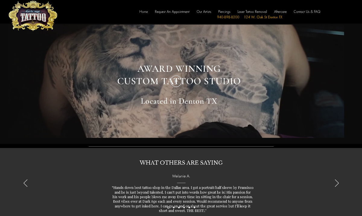 Screenshot of Dark Age Tattoo, from the tattoo websites collection.