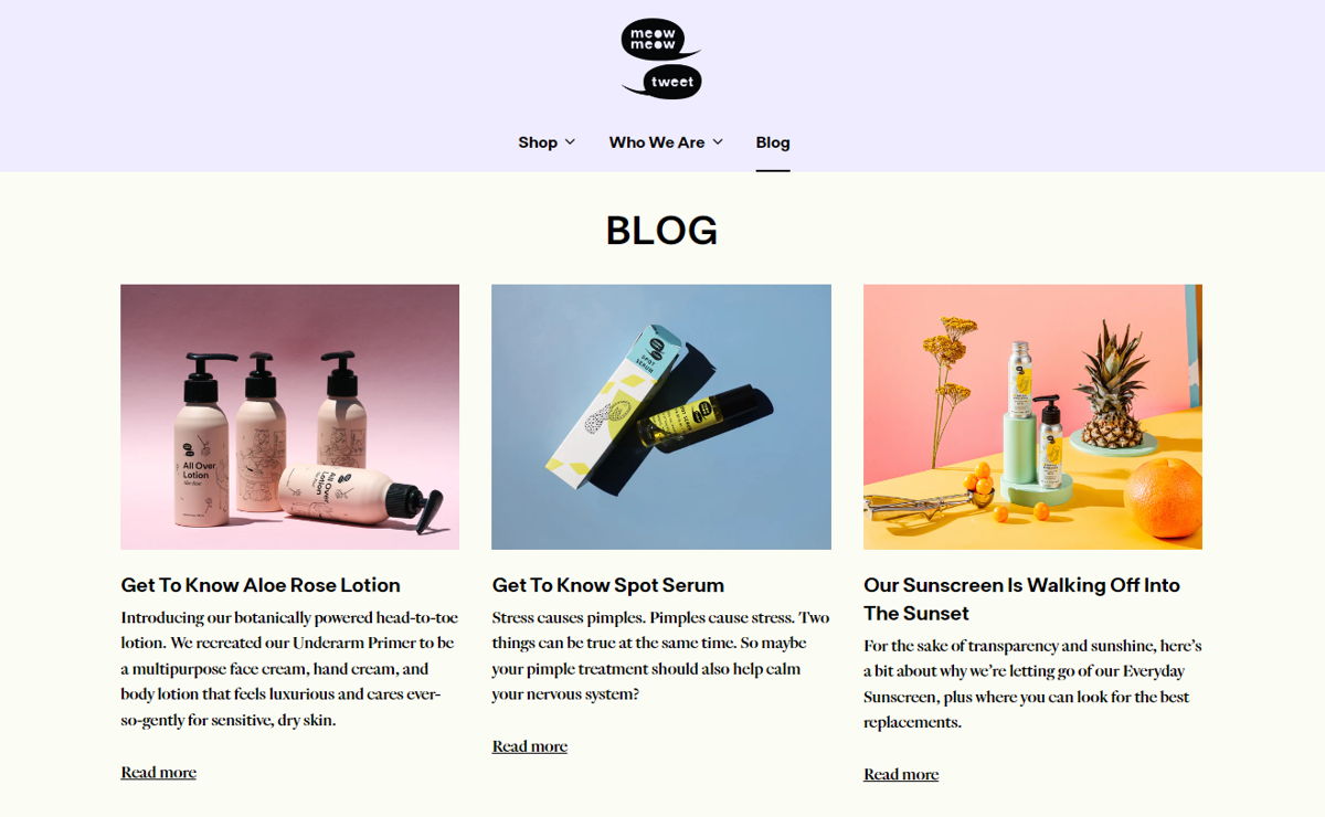 Screenshot of Meow Meow Tweet Blog, from the shopify blog examples collection.