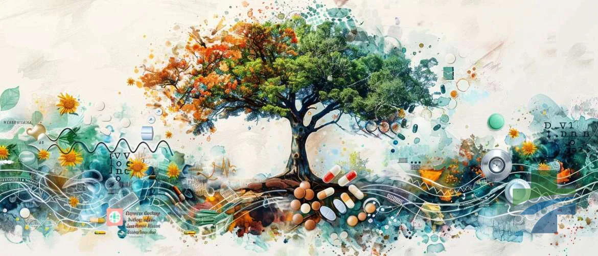 Fusion of ancient healing and modern medicine in an artistic digital illustration