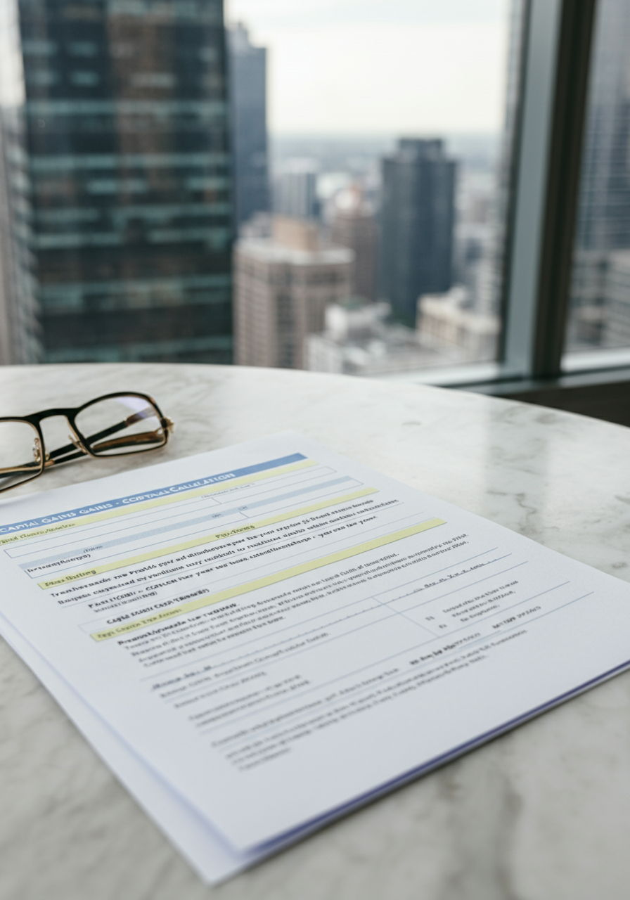 A detailed view of capital gains calculation worksheet showing how property taxes paid over years of ownership have increased the cost basis of a Gold Coast condominium. The document rests on a marble countertop with city views visible in the background.