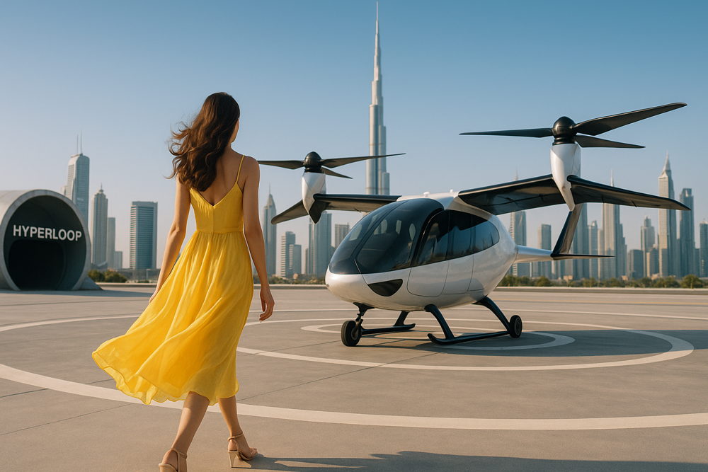 Woman in yellow dress walks towards a futuristic white flying taxi on a helipad with the Dubai city skyline, including the Burj Khalifa, and a Hyperloop sign in the background.