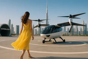 Woman in yellow dress walks towards a futuristic white flying taxi on a helipad with the Dubai city skyline, including the Burj Khalifa, and a Hyperloop sign in the background.