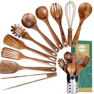 Kitchen Utenails Set with Holder,Kitchen Wooden Utensils for Cooking, Wood Utensil Natural Teak Wood Spoons for Cooking,Wooden Kitchen Utensil Set With Spatula and Ladle (11)