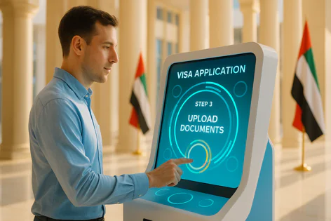 Young man interacting with a digital kiosk for a visa application, touching the screen at the 'Upload Documents' step. UAE flags are visible.