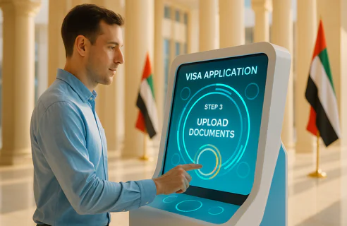 Young man interacting with a digital kiosk for a visa application, touching the screen at the 'Upload Documents' step. UAE flags are visible.