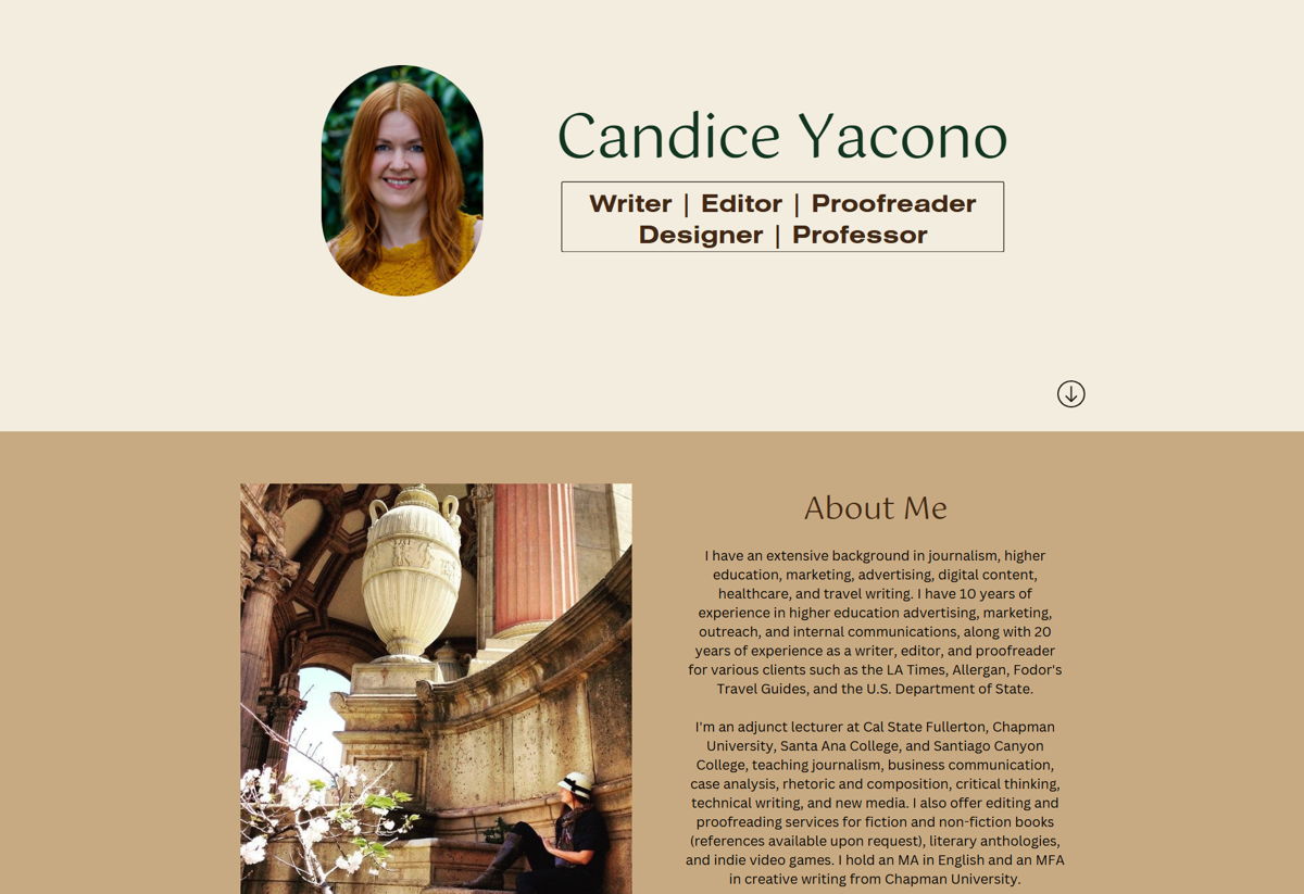 Screenshot of Candice Yacono, from the content editor & proofreader portfolios collection.
