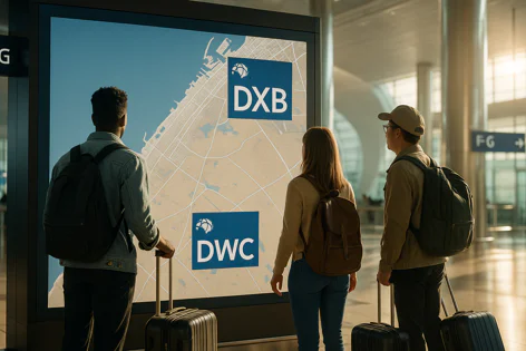 Three passengers with luggage look at a large digital map in an airport terminal, showing Dubai and highlighting locations of DXB and DWC airports.
