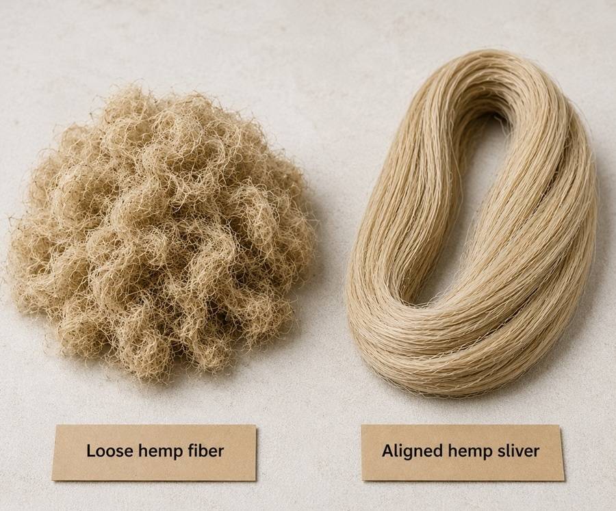 Loose hemp fiber compared with aligned hemp sliver