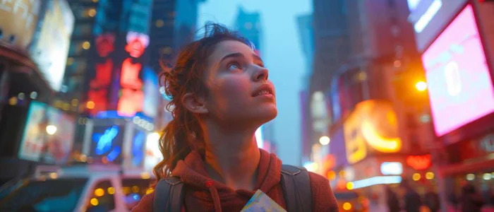 Young nurse at city crossroads represents career possibilities at dusk.