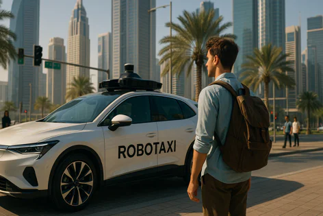 Young man with a backpack stands next to a white autonomous car labeled "ROBOTAXI" on a city street.