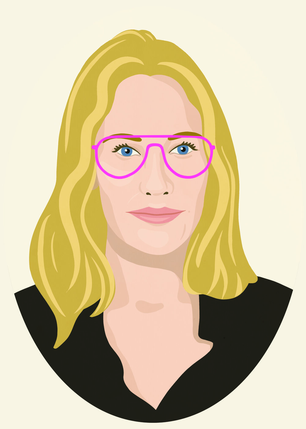 A portrait of Jennifer wearing framed glasses. The style is with no sharp lines and wavy lines.