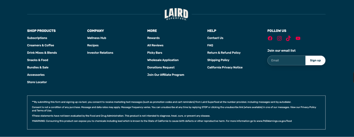 Screenshot of Laird Superfood, from the website footer designs collection.