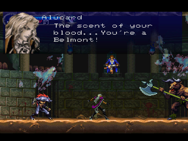 Scene from the video game where Alucard confronts monsters and says the scent of your blood. you're a belmont!/