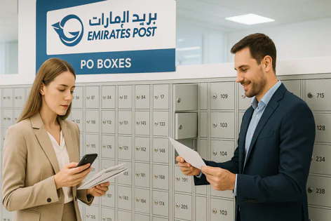 A woman checks her phone while holding mail next to a man who is smiling and opening a post office box at Emirates Post. They are standing in front of many numbered PO boxes.