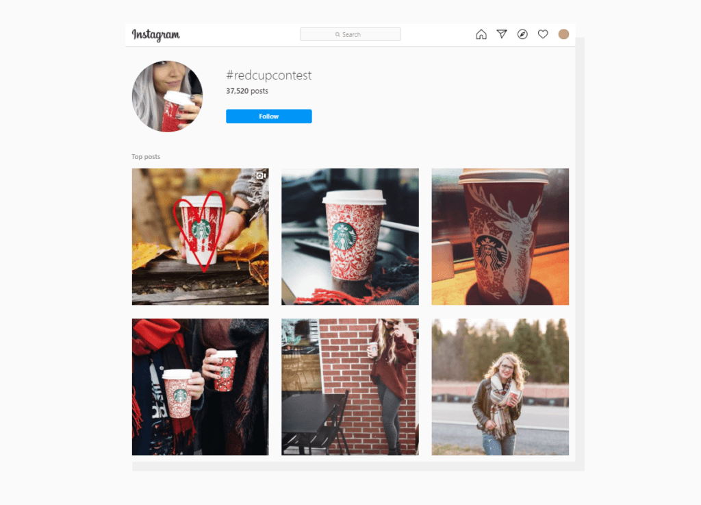 Starbucks hosts the #RedCupContest in December, encouraging customers to submit photos of their red Starbucks cups using the hashtag for a chance to win a gift card. UGC gamification in social media