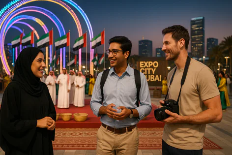 Three diverse people, including a woman in a hijab and a man with a camera, chat happily at an outdoor Expo City Dubai event with UAE flags and an illuminated archway.