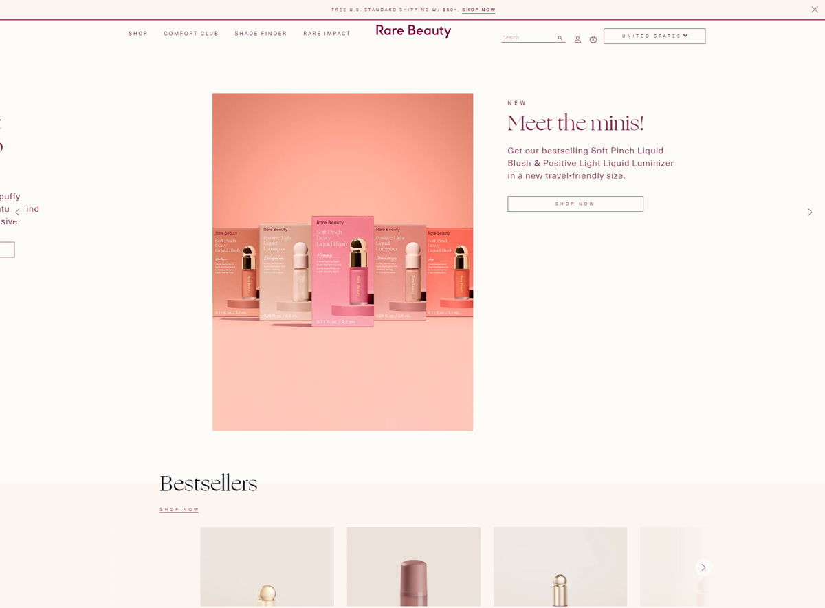 Screenshot of Rare Beauty, from the shopify beauty stores collection.