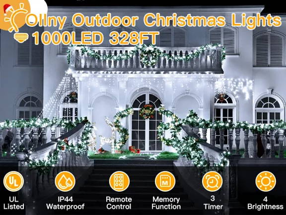 Features of Ollny's 800 leds clear cable cool white string lights - mobile size