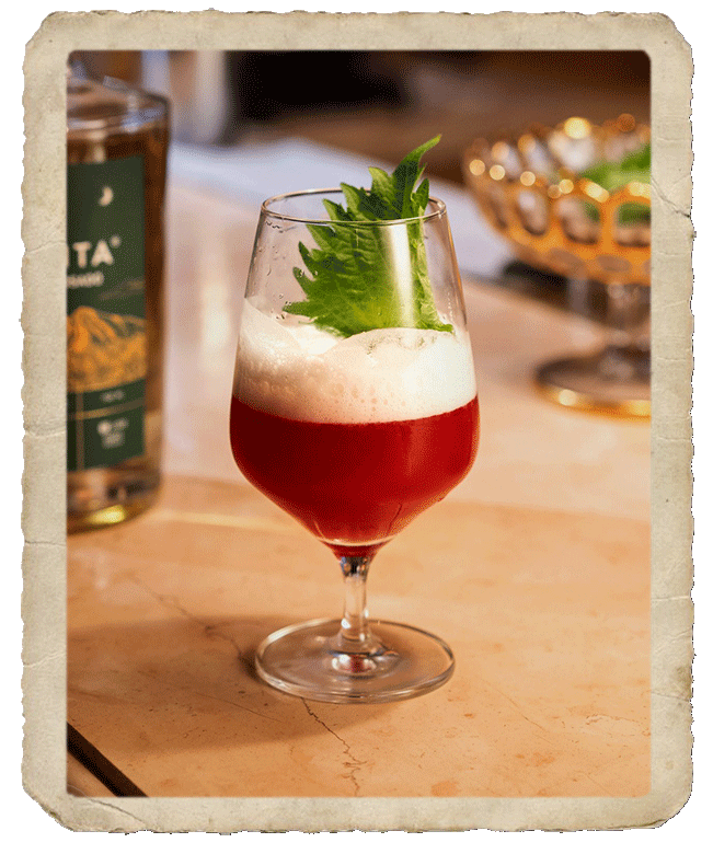 Prepared glass with red colored cocktail and a decorative leaf inside, sided by a Mijenta Tequila Reposado bottle.