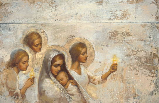 A young mother holds an infant and angels, with glowing candles, walking alongside her.