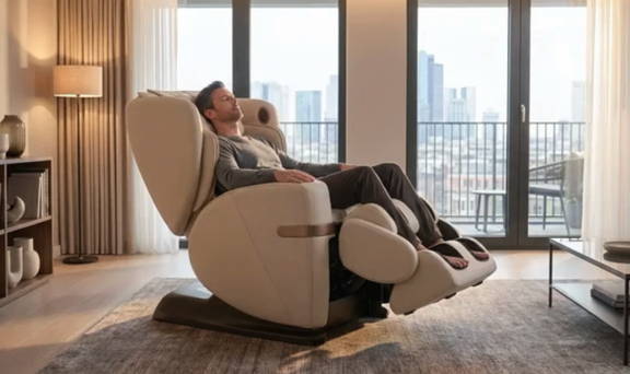 Man reclining comfortably in a beige luxury massage chair inside a modern, sunlit apartment living room.