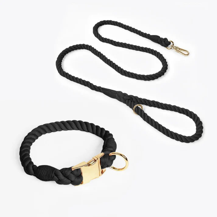Black Handmade Rope Dog Collar and Leash Set - Colorful Woven Cotton