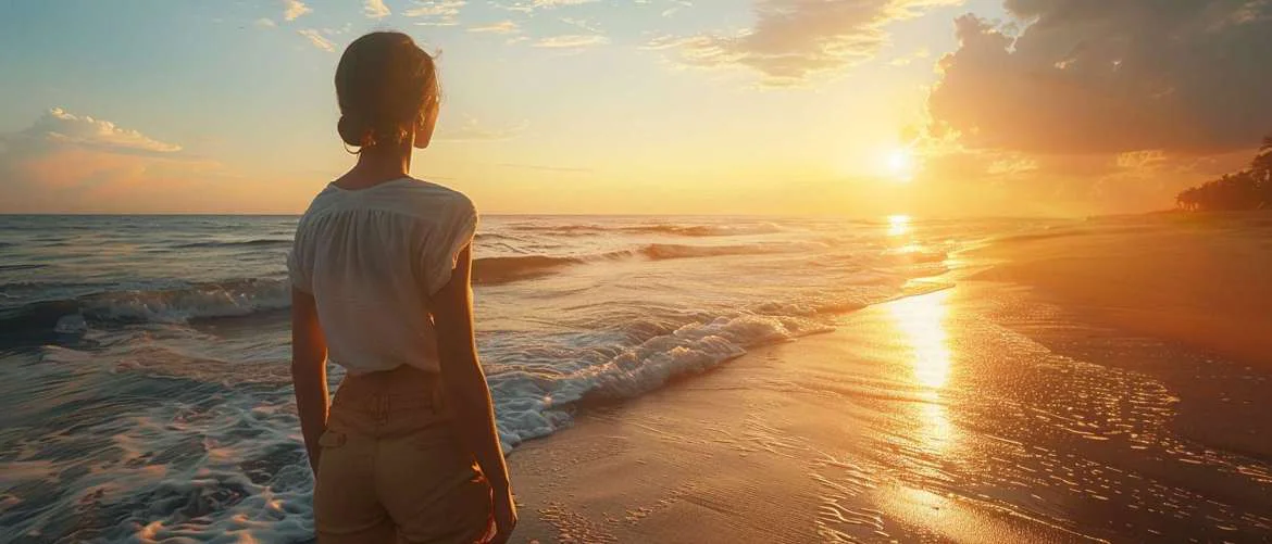 Nurse reflecting on financial growth at a peaceful beach sunset.