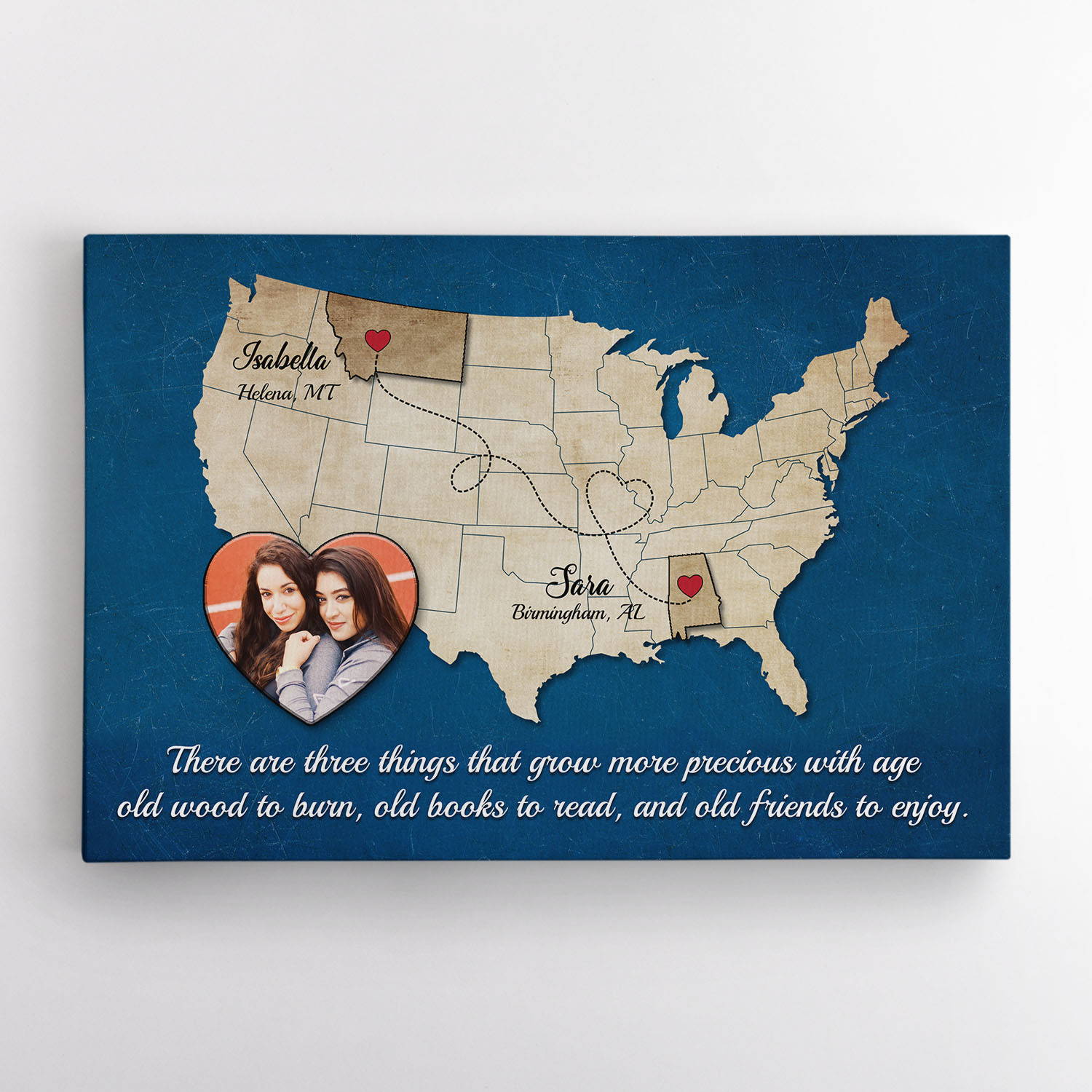 Custom Long Distance US Map Canvas Print Personalized With Photo, Name, and Locations In The Blue Background Color.