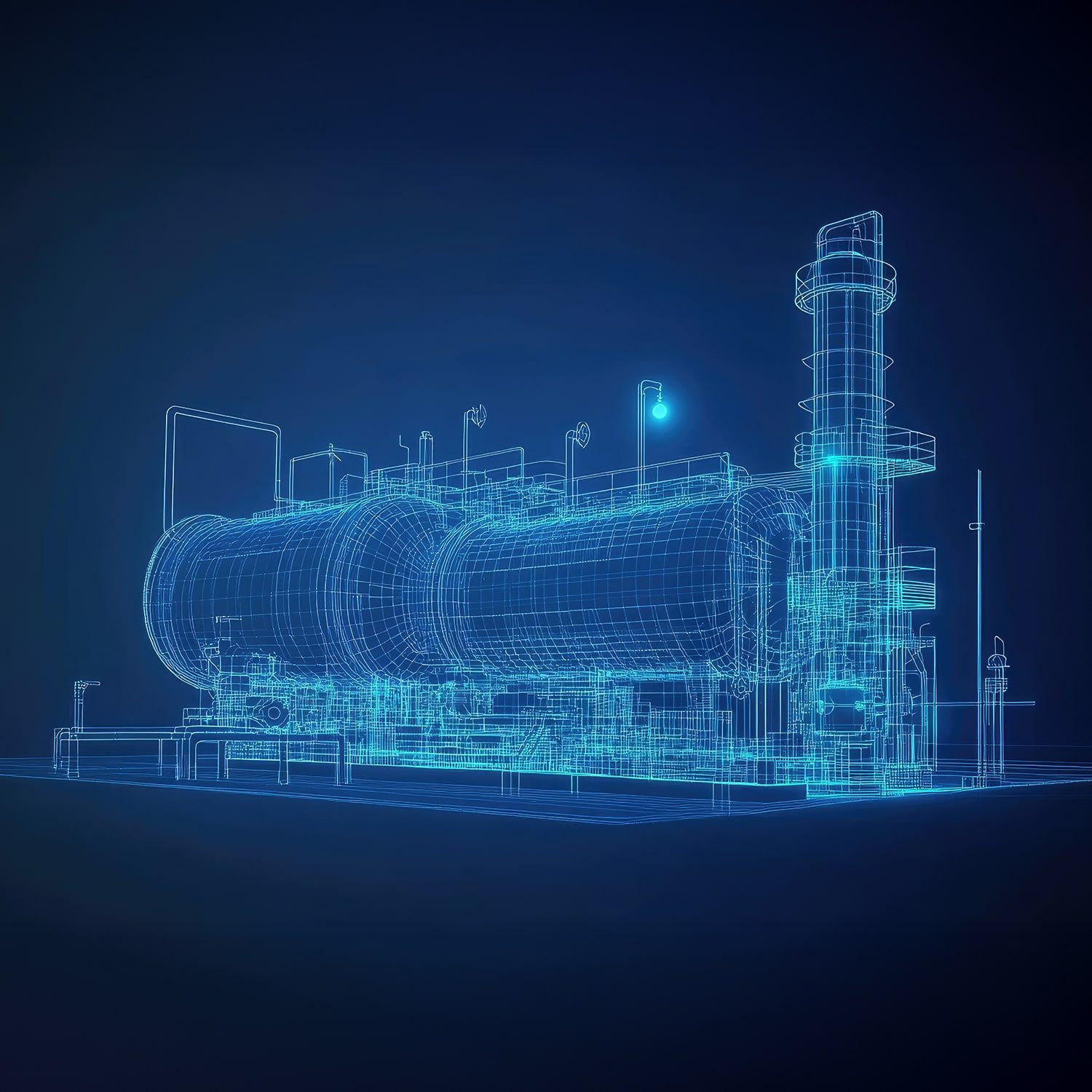 A digital wireframe rendering of industrial machinery, featuring large cylindrical tanks and vertical structures, appears on a dark blue background, resembling a blueprint or technical drawing.