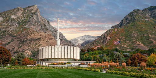 Provo Temple surounded by colorful trees. 