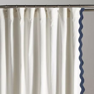Embroidered Scalloped Cotton Shower Curtain in Dark Blue