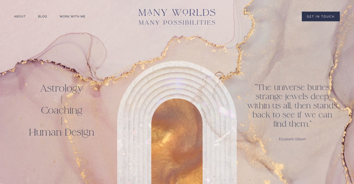 Screenshot of Many Worlds Many Possibilities, from the squarespace coaching websites collection.