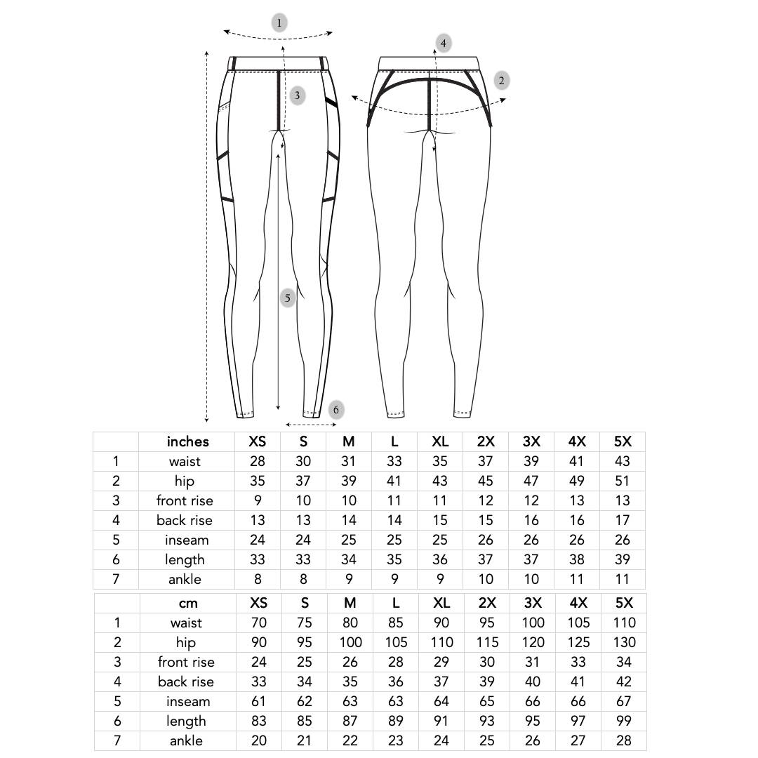 Play Out Flat Front nonbinary leggings size chart - available in XS-5X. 
