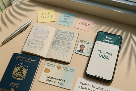 UAE passport, visa cards, passport stamps, phone showing a visa checker app, and sticky notes on a wooden table. Documents relate to travel, entry, and permits.