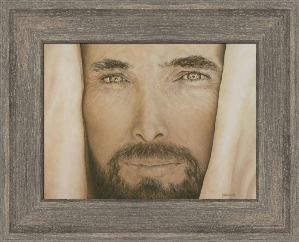 Up-close painting of Jesus's face. He has a calm expression. 
