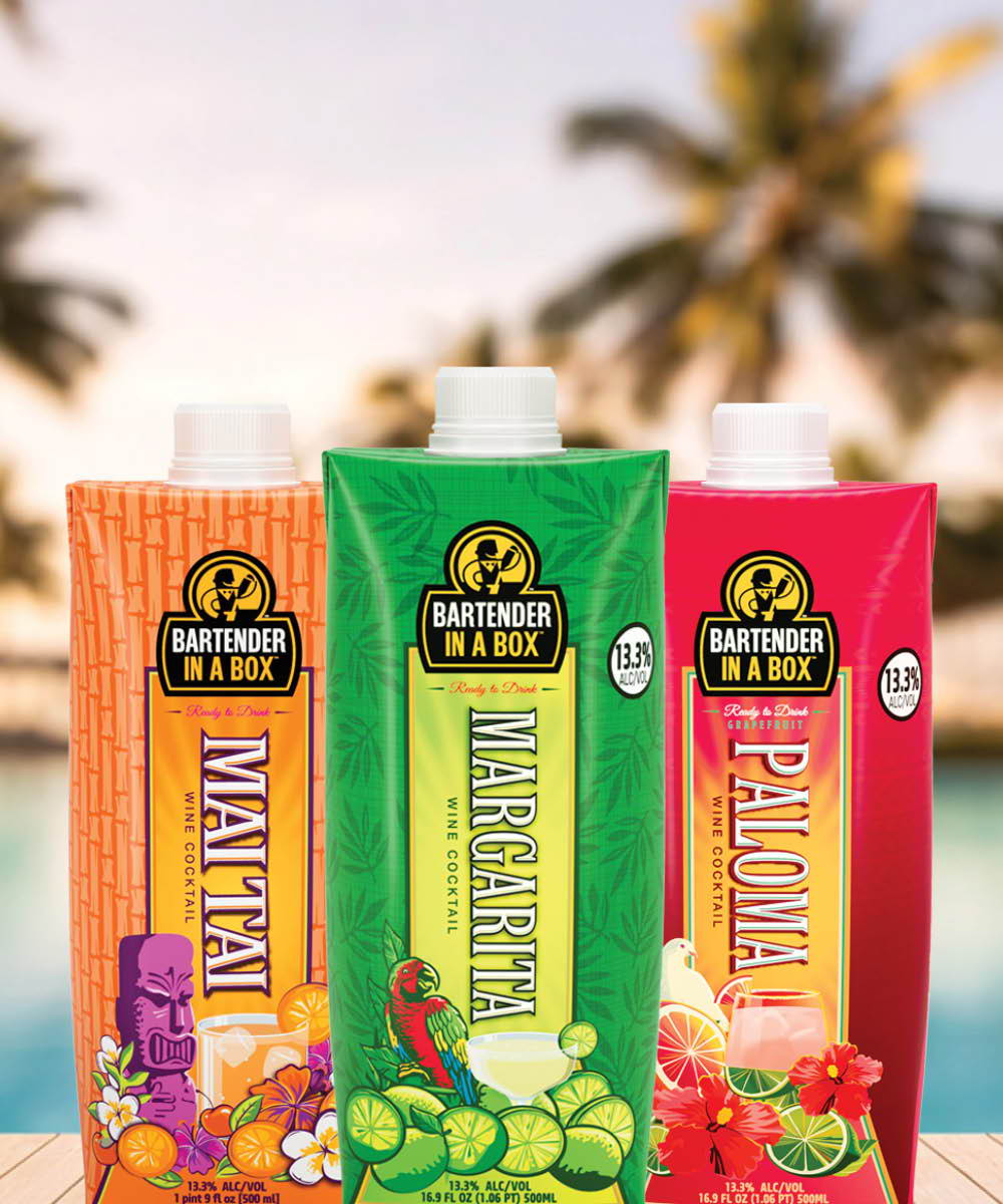 Bartender In A Box Mai Tai, Margarita and Paloma 500ml cocktail boxes by a tropical pool