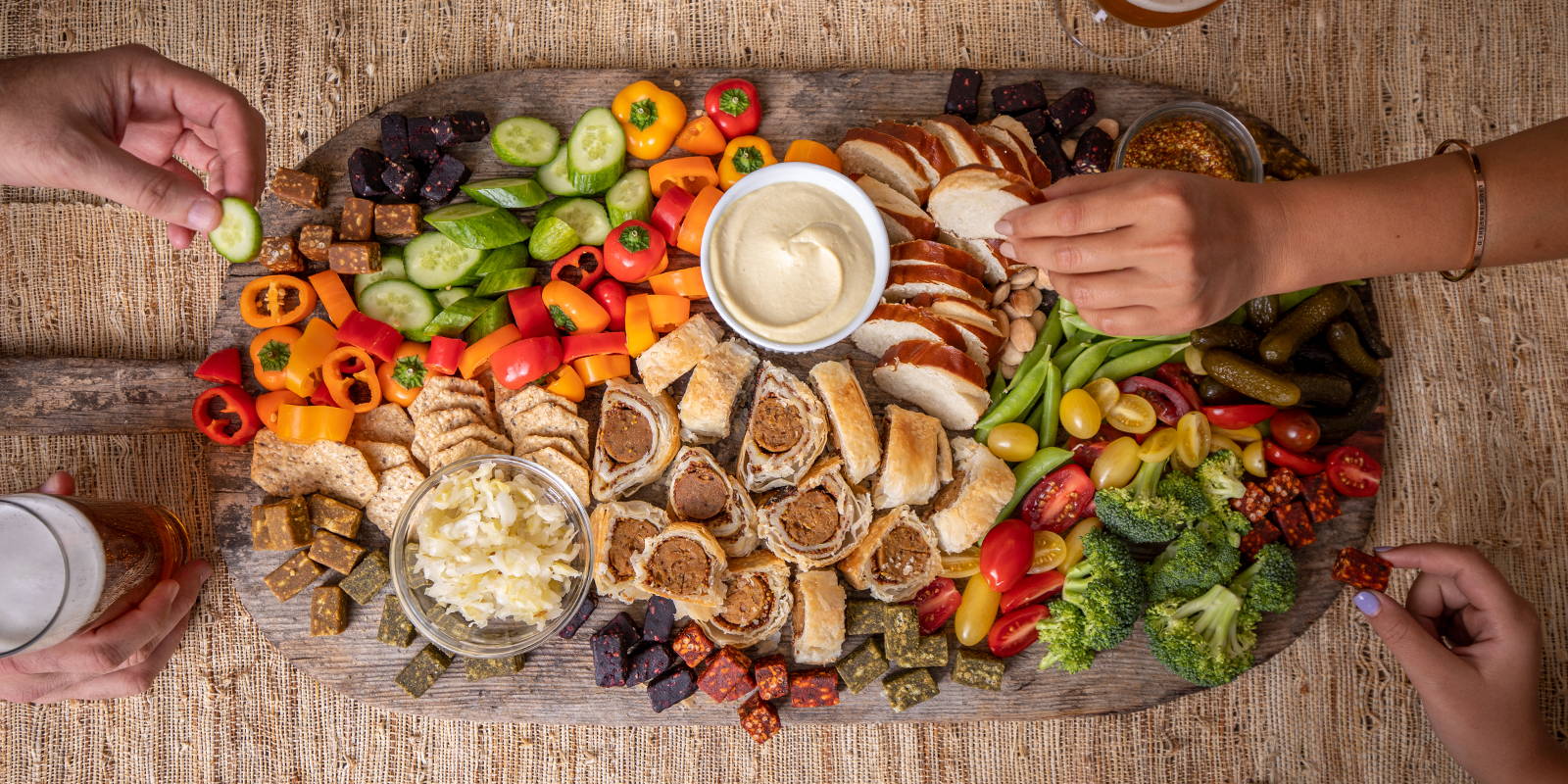 Big Oktoberfest party board for grazing on vegan, plant-based snacks.