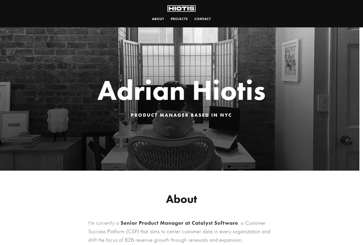Screenshot of Adrian Hiotis, from the product manager portfolios collection.