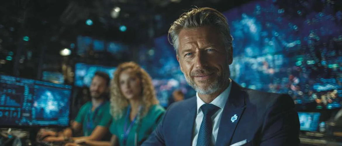 Corporate healthcare manager coordinating staffing in a futuristic command center.