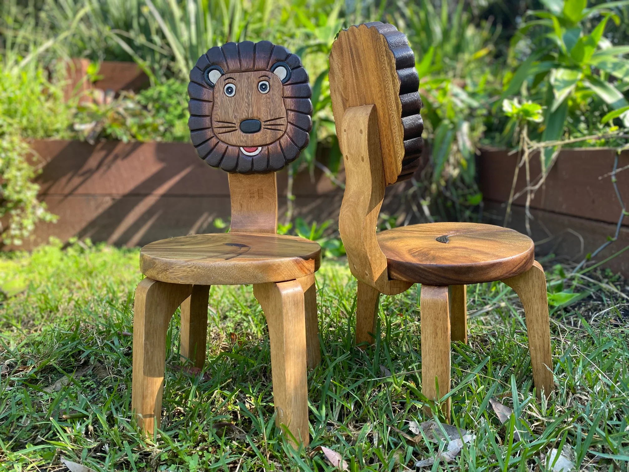 Kids Wooden Table + 2 Chairs Set Lion Design Carved Timber Children Furniture - Image 3
