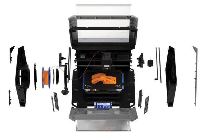 Frontal exploded view of a Dremel 3D40-FLX 3D printer with orange filament and printed object on build plate