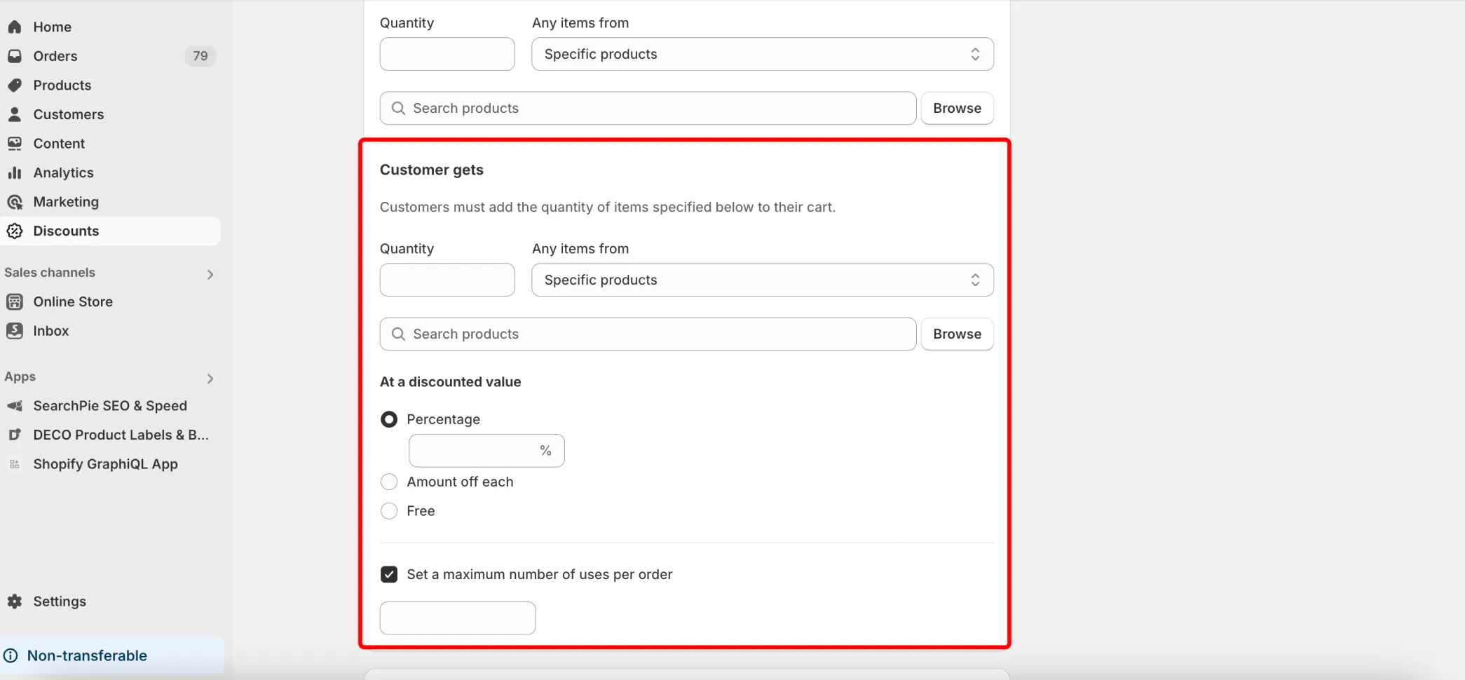 the buy x get y offer setting in shopify