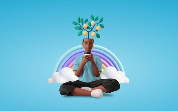 A relaxed, smiling person sitting cross-legged holding a cup of coffee with a big lemon tree sprouting out of their head with a rainbow behind them for Confetti's Online Mindfulness Course