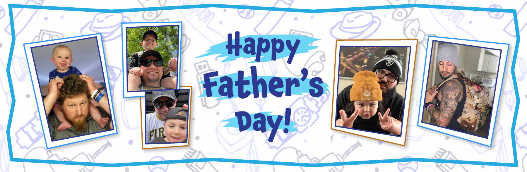 Banner saying "Happy Father's Day!" and shows images of various All American Print Supply Co. fathers with their children (including their wonderful pets).