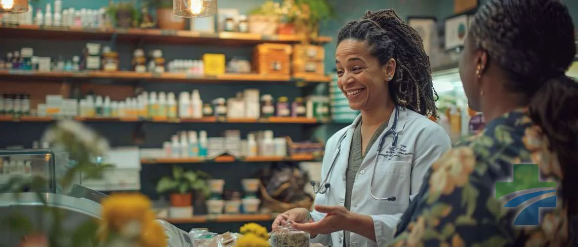 Multicultural clinic scene combining modern medicine and traditional healing.