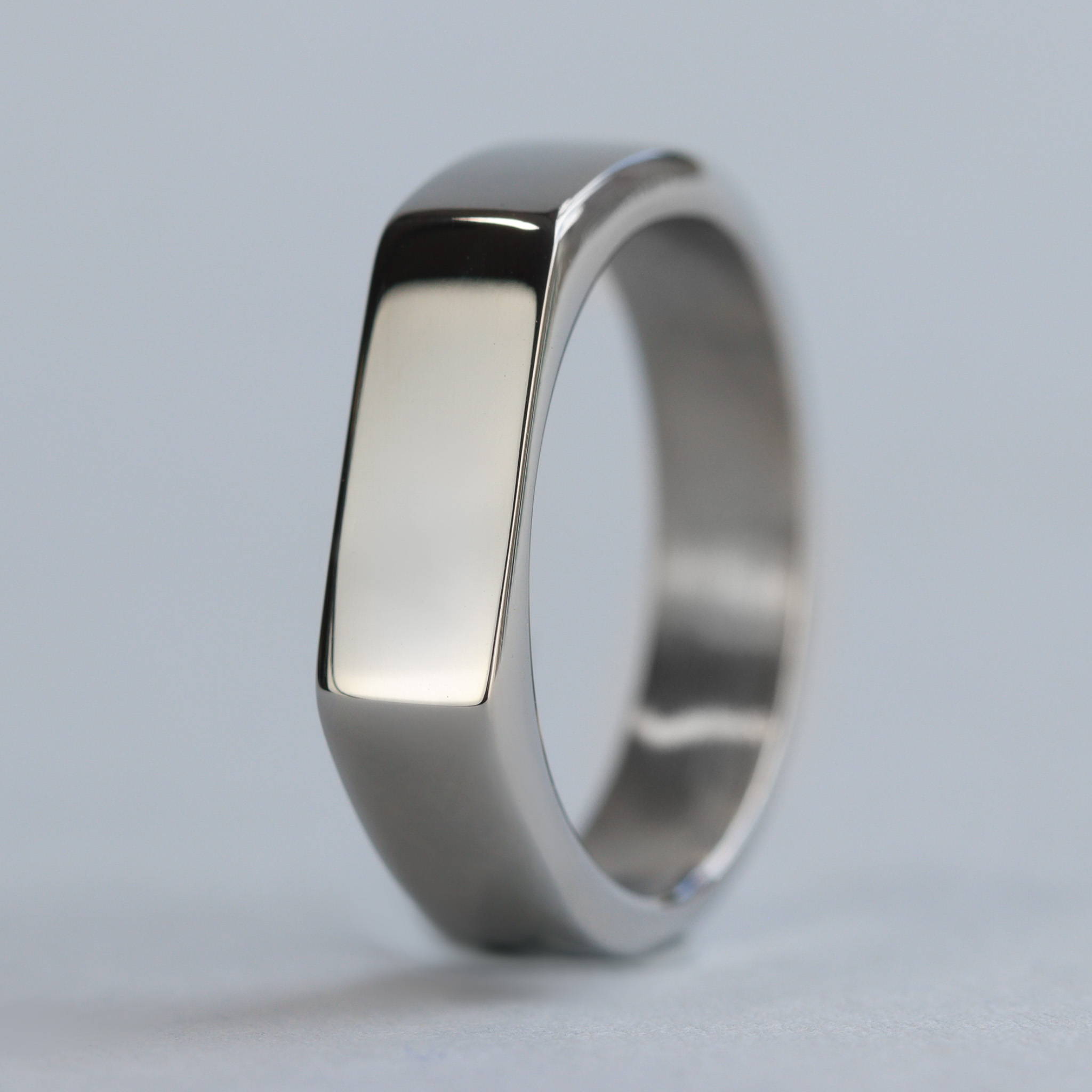 A close up image of a stainless steel signet ring stood on its side with the face towards the camera, in front of a light background.