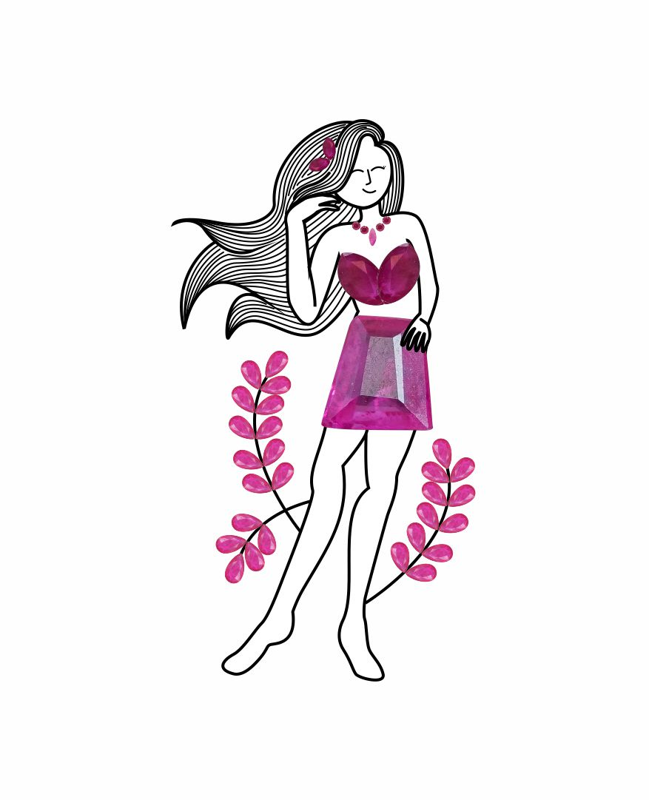 An illustration of a woman wearing fuchsia ruby dress