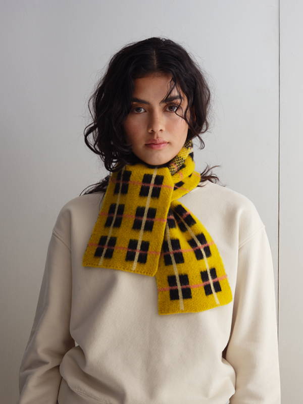 model wears Small Brushed Tartan Scarf